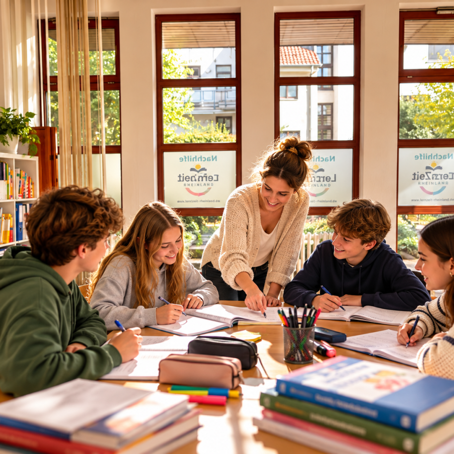 Gruppenunterricht im Lerninstitut Aachen-Laurensberg mit 2 Schülerinnen, 2 Schülern und einer Lehrerin