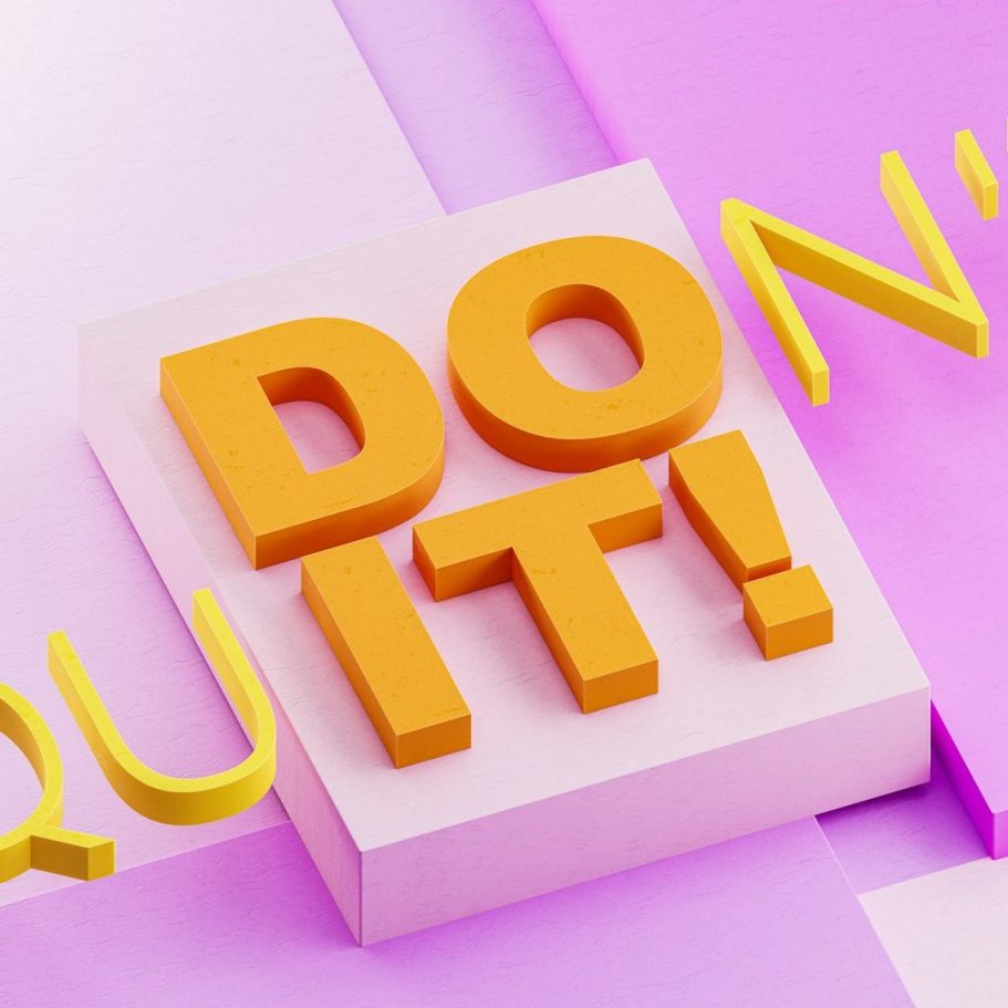 Slogan in großen, bunten Buchstaben: "DO IT!" auf einem hellen Hintergrund.