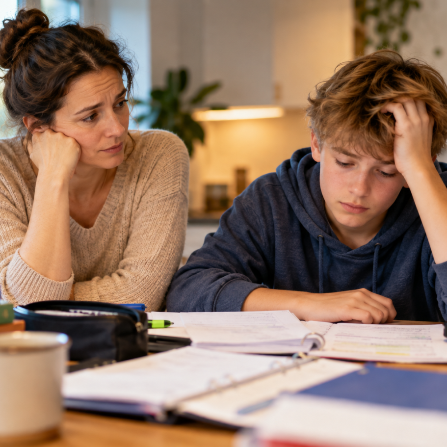 Besorgte Mutter und genervter Sohn beim gemeinsamen Lernen